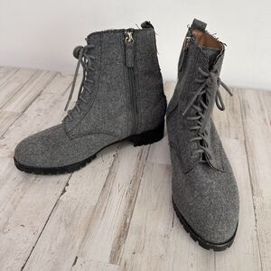 J Jill Boots Lace Up Zipper 8.5 Flannel Felt Gray‎ Combat Trendy Fall Ankle Shoe
